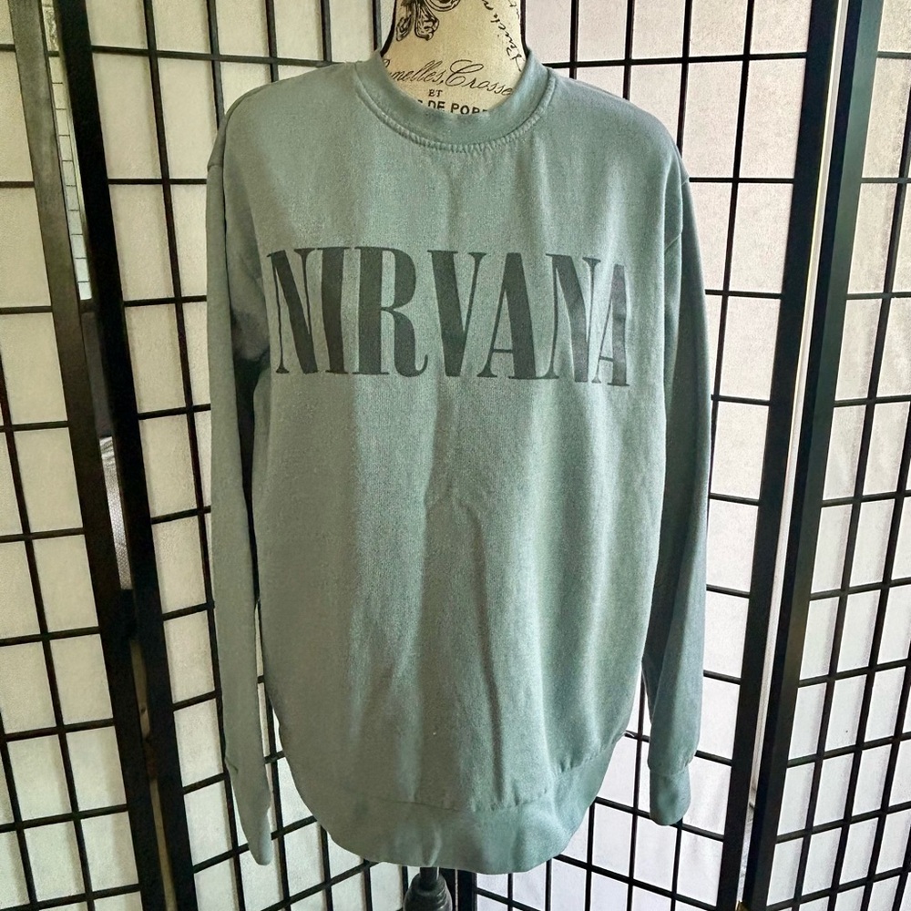 Ultimate Grunge Y2K Nirvana Sage Green Smiley Face Crewneck Sweatshirt Large